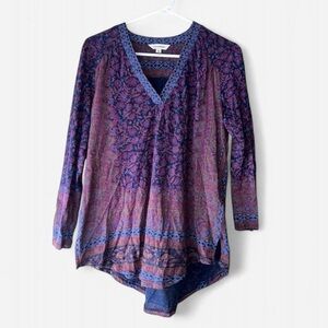 Lucky Brand V-neck 3/4 sleeve stretchy top, navy and plum, women's size M
